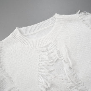 Long sleeve crewneck tassels knitted top