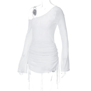 Long sleeve one shoulder drawstring ruched mini dress