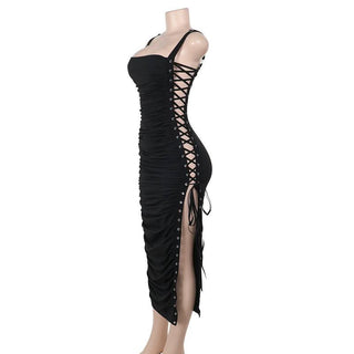 Square neck lace up ruched hollow out cut out midi dress