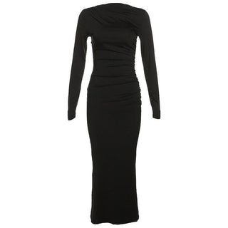 Ruched solid long sleeve zip-up maxi dress