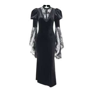 Crewneck long flared sleeve slit velvet lace midi dress