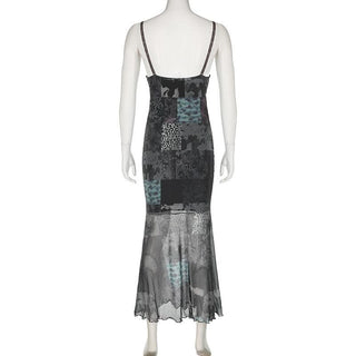 V neck print lace hem mesh cami midi dress