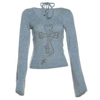 Halter long sleeve self tie beaded top