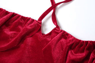 Halter long sleeve off shoulder velvet mini dress