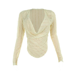 Cowl neck long sleeve irregular hollow out cut out top