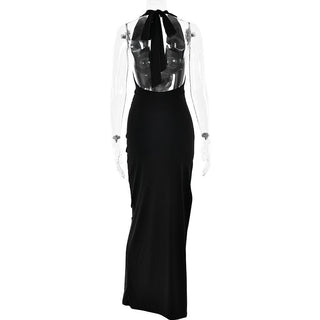 Halter deep v neck slit backless ruched maxi dress