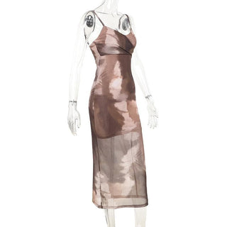 Tie dye ruched mesh self tie cami midi dress