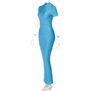 Short sleeve high neck slit solid maxi dress
