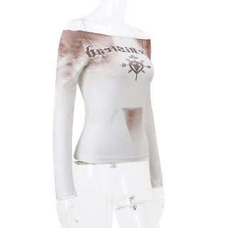 Long sleeve off shoulder tie dye abstract contrast top