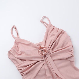 Rose applique ruched ruffle cami midi dress