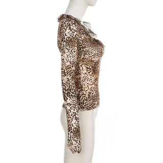 Long sleeve leopard print ruffle top
