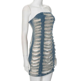 Hollow out ruched raw hem zip-up tube cut out mini dress