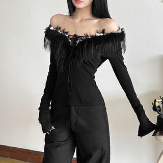 Long sleeve fluffy v neck glitter solid top