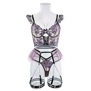 Embroidery metal chain mesh garter lingerie set