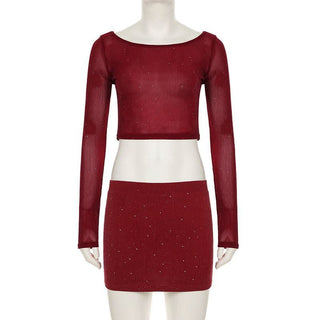 Crewneck long sleeve glitter crop mini skirt set
