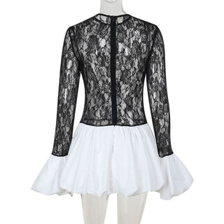 Long sleeve lace patchwork zip-up mini dress