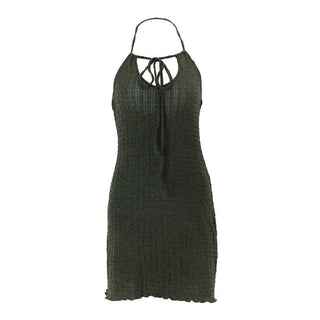 Ruffle halter textured hollow out self tie solid cut out mini dress