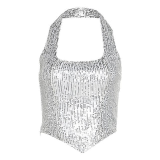 Beaded halter zip-up backless solid sleeveless crop top