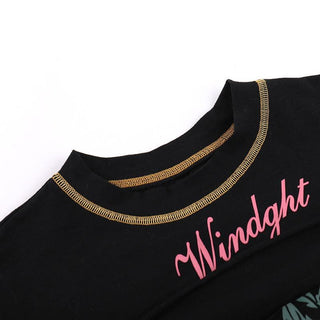 Contrast print short sleeve stitch hollow out crewneck crop cut out top