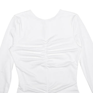 Long sleeve crewneck lace backless ruched midi dress