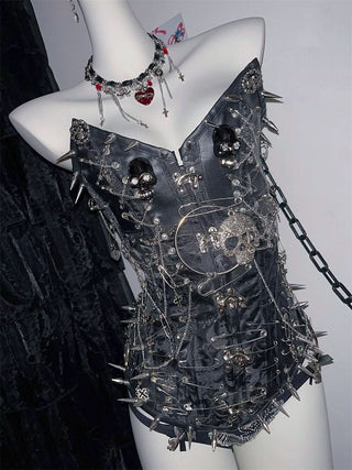 Skull metal chain PU leather lace up rivet tube top