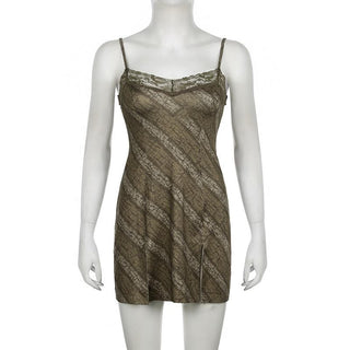 Print lace hem slit cami mini dress