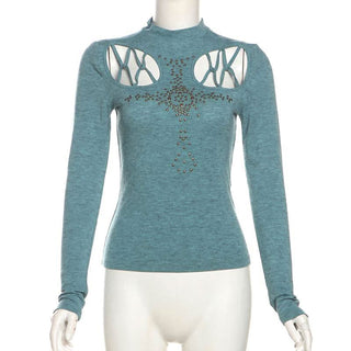 High neck long sleeve beaded cross pattern hollow out cut out top