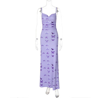 Butterfly print ruched cami maxi dress