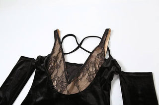 Off shoulder v neck velvet lace hem cami maxi dress