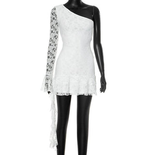 One shoulder long sleeve lace ruffle mini dress