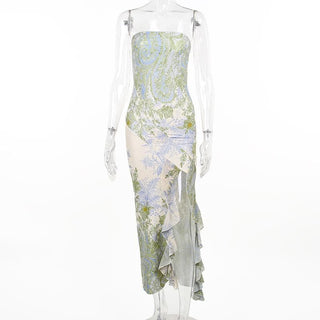 Flower print slit irregular contrast backless maxi dress