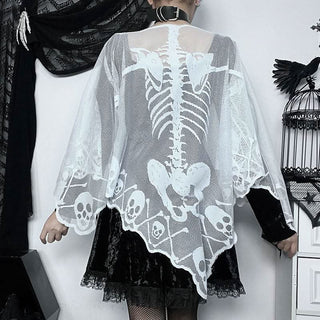 Human skeleton ruffle net shrug top