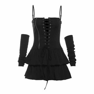 Lace up zip-up ruffle cami mini dress