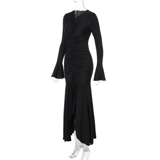 Long flared sleeve v neck ruched maxi dress