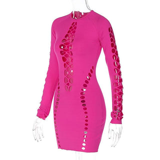 Hollow out long sleeve solid crewneck cut out mini dress