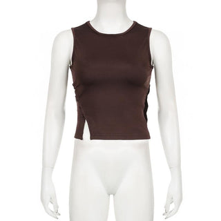 Irregular crewneck button hollow out cut out top