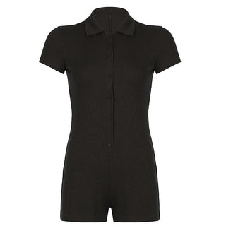 Turnover collar ribbed button romper
