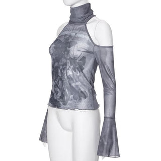 Long flared sleeve high neck sheer mesh print off shoulder top