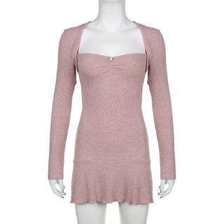 Ribbed solid long sleeve ruffle shrug tube mini dress
