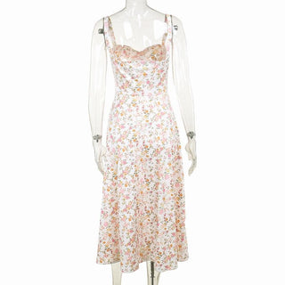 Drawstring ruched sweetheart neck flower print cami midi dress