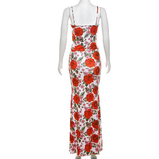 V neck flower print cami maxi skirt set