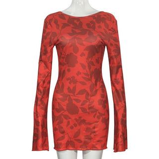 Long sleeve leopard print self tie backless mini dress