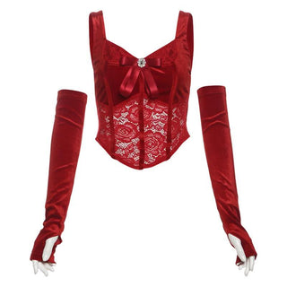 Gloves bowknot lace velvet patchwork cami top