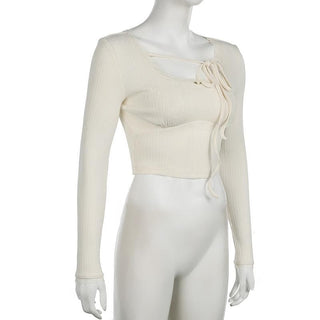 U neck long sleeve lace hem self tie crop top