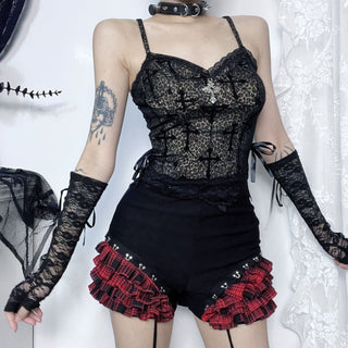 Leopard print cross pattern bowknot lace cami top