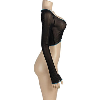 Long sleeve stitch sheer mesh ruffle crop top