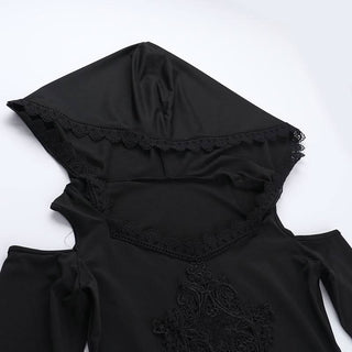 Hoodie long sleeve lace hem embroidery hollow out cut out mini dress