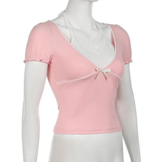 Short puff sleeve halter patchwork bowknot top