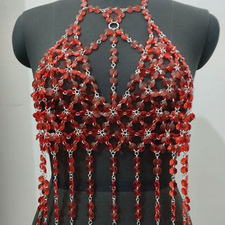 Halter o ring hollow out crystal tassels cut out top