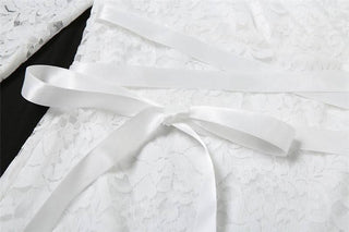 Long flared sleeve v neck lace self tie mini dress